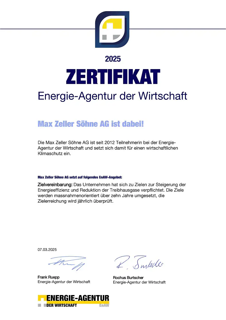 Enaw Zertifikat 2025 Max Zeller Söhne AG 2025